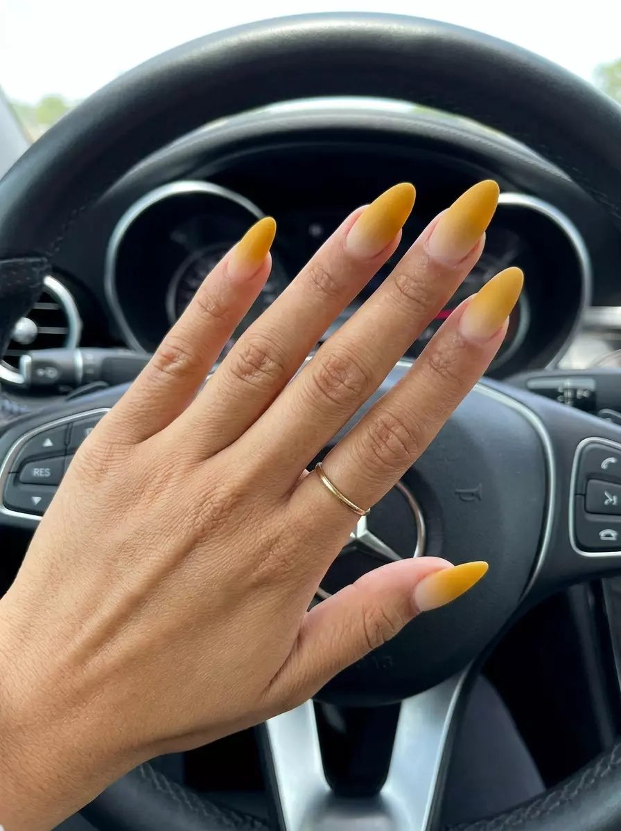 Velvet Mustard Haze Aura 2026 Velvet Mustard Haze Aura almond nails for summer nails yellow 2026. Sultry and sophisticated for date nights.