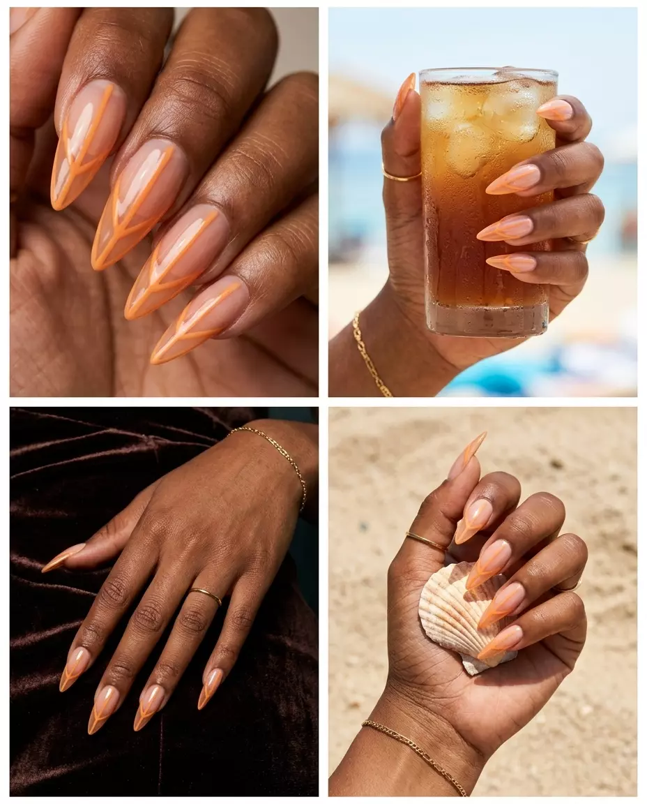 Apricot Geometric Stiletto Nails 2026 | Edgy Festival Edgy apricot jelly geometric line stiletto nails for festivals and nights out. Summer peach nails 2026.