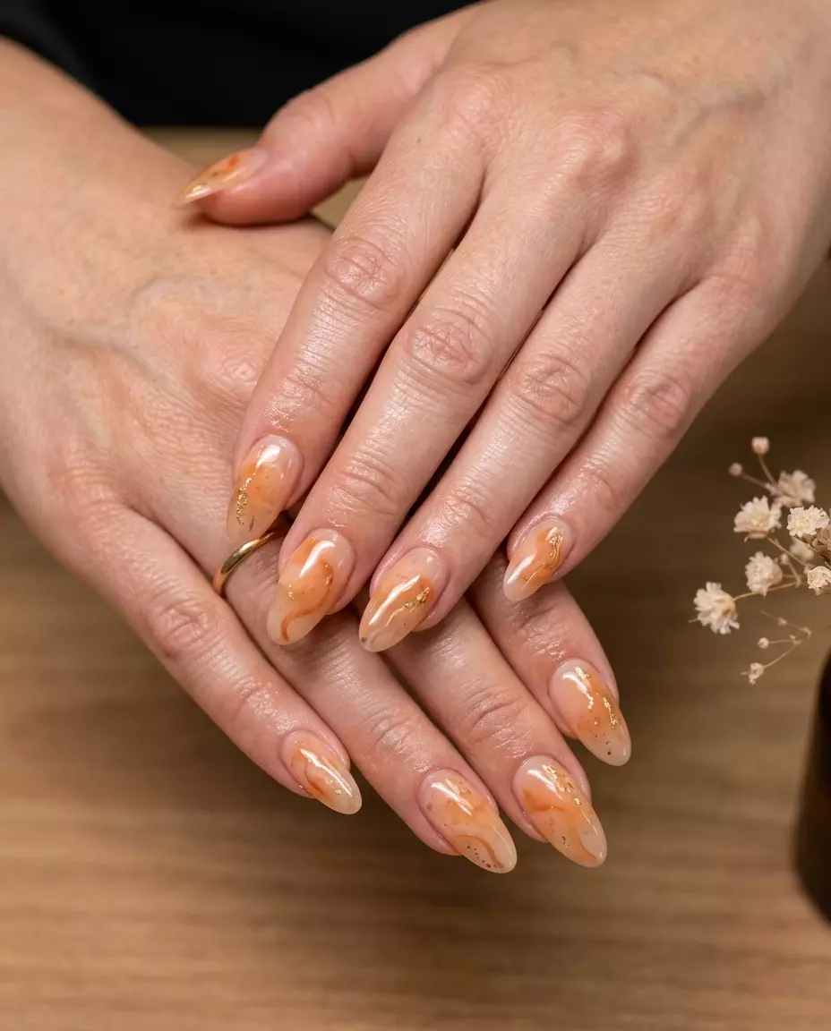 Apricot Jelly Abstract Art Nails 2026 Apricot jelly abstract art nails for summer vacation and festival outfits in 2026.