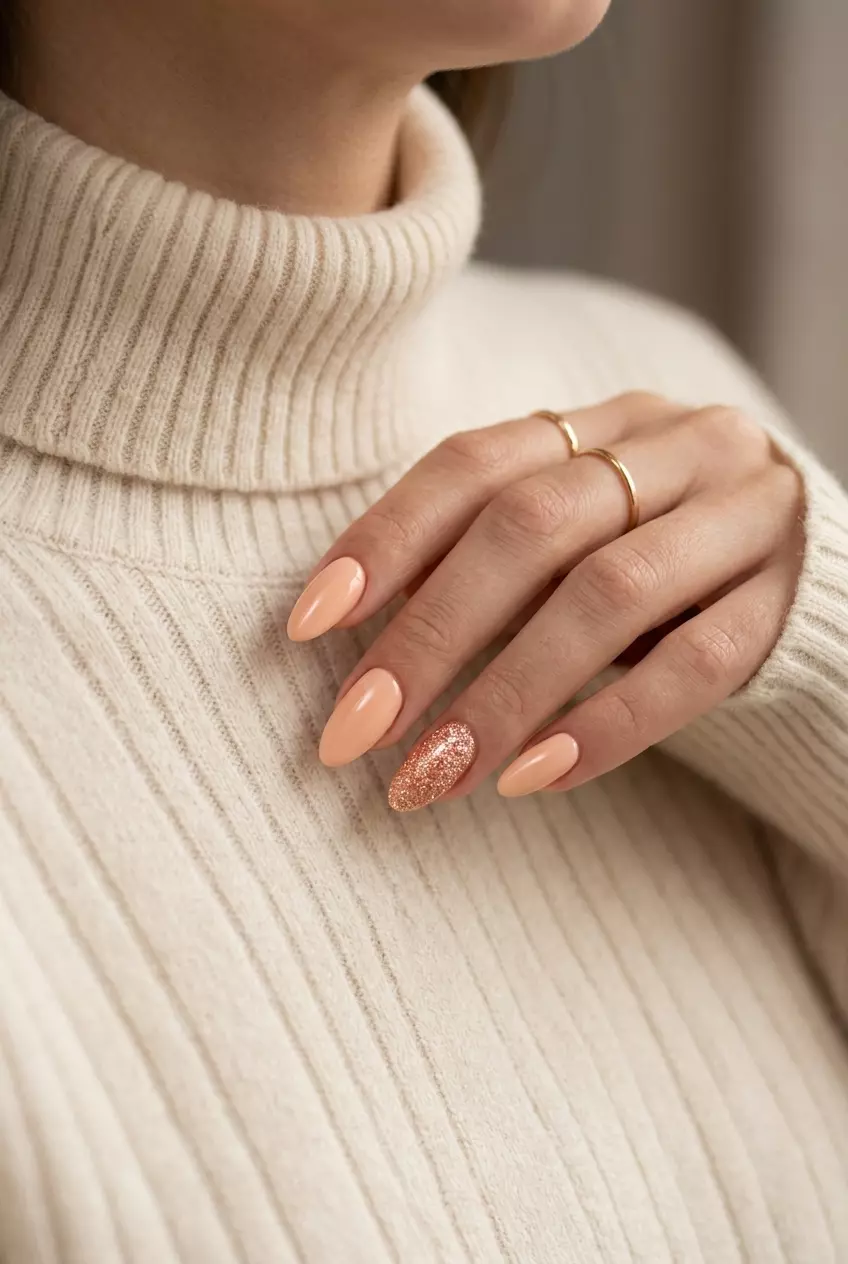 Peach Glitter Accent Nails 2026 | Summer Party Fun Playful peach glitter accent nails for summer parties and vacations. Summer peach nails 2026.