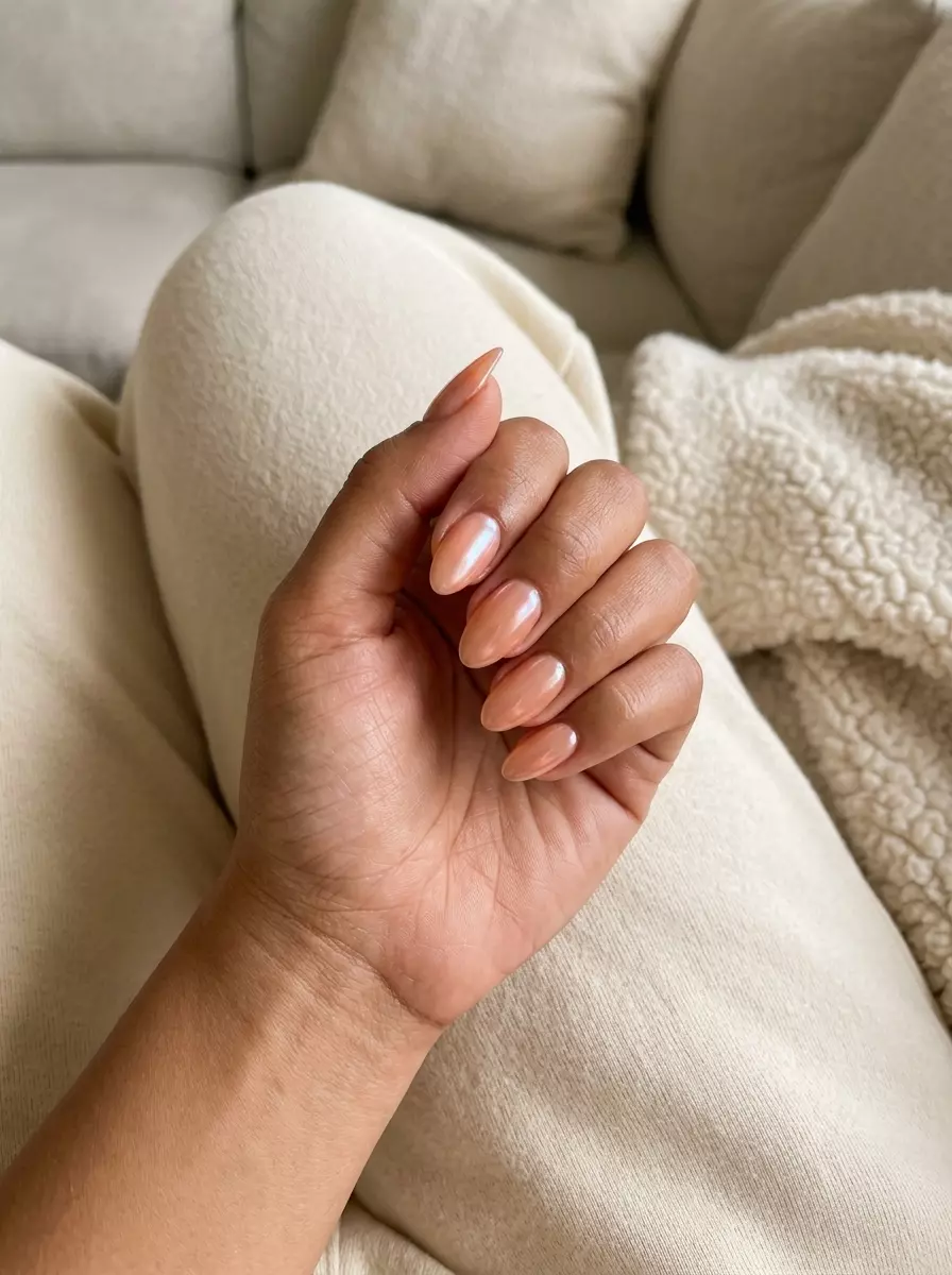 Juicy Glazed Peach Nails 2026 Juicy glazed peach nails with iridescent sheen for date night and summer parties in 2026.