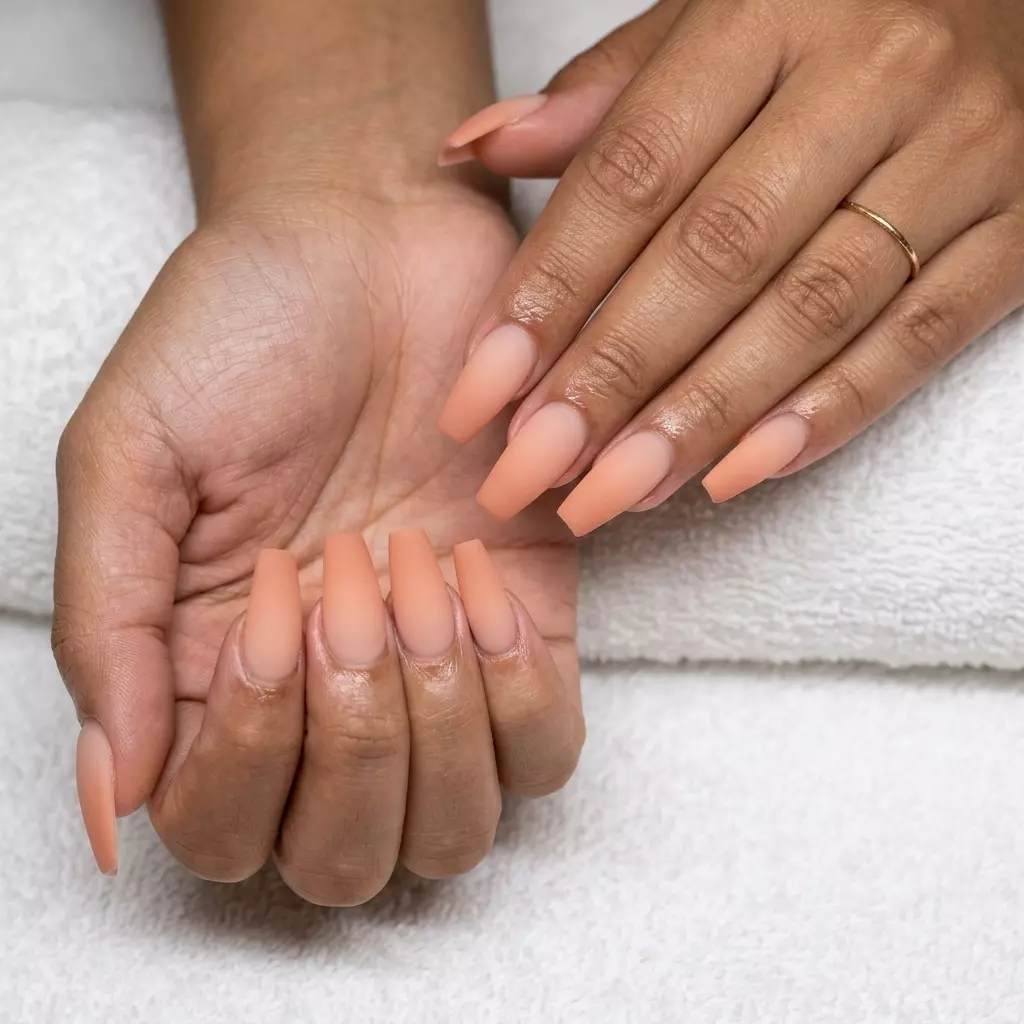 Matte Peach Ombre Nails 2026 | Elegant Evening Sophisticated matte peach ombre sunset nails for formal events and evenings. Summer peach nails 2026.