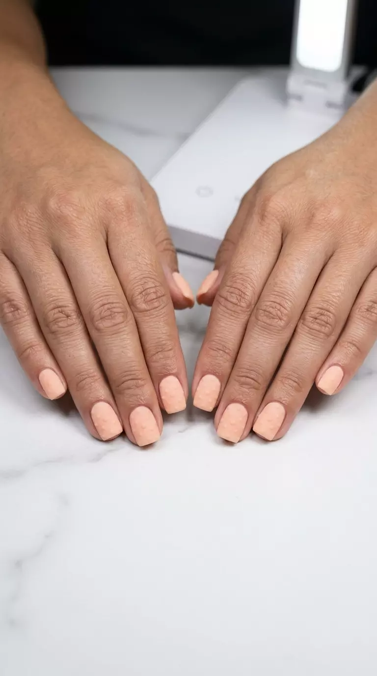Milky Peach Textured Dots Nails 2026 Milky peach nails with textured dots for casual everyday and weekend brunch outfits in 2026.