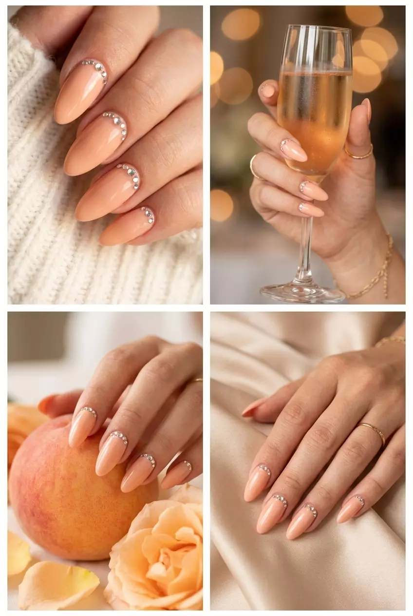 Sparkling Peach Nails 2026 | Formal Event Glam Sparkling peach nails with rhinestones for a formal event or wedding guest look. Summer peach nails 2026.