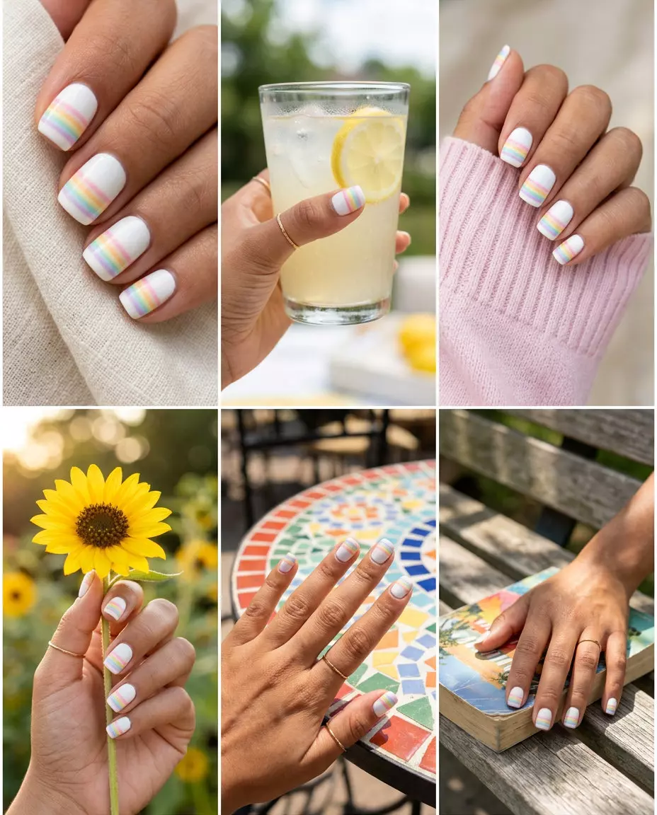 Candy Stripe Rainbow Nails 2026 Playful candy stripe rainbow nails in pastel colors for summer rainbow nails 2026. Great for festivals and summer parties.