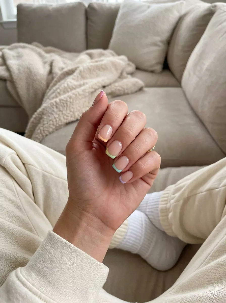 Delicate Rainbow Micro French Nails 2026 | Minimalist Office Style Delicate rainbow micro French tips for summer rainbow nails 2026. Clean-girl, minimalist style for daily wear.