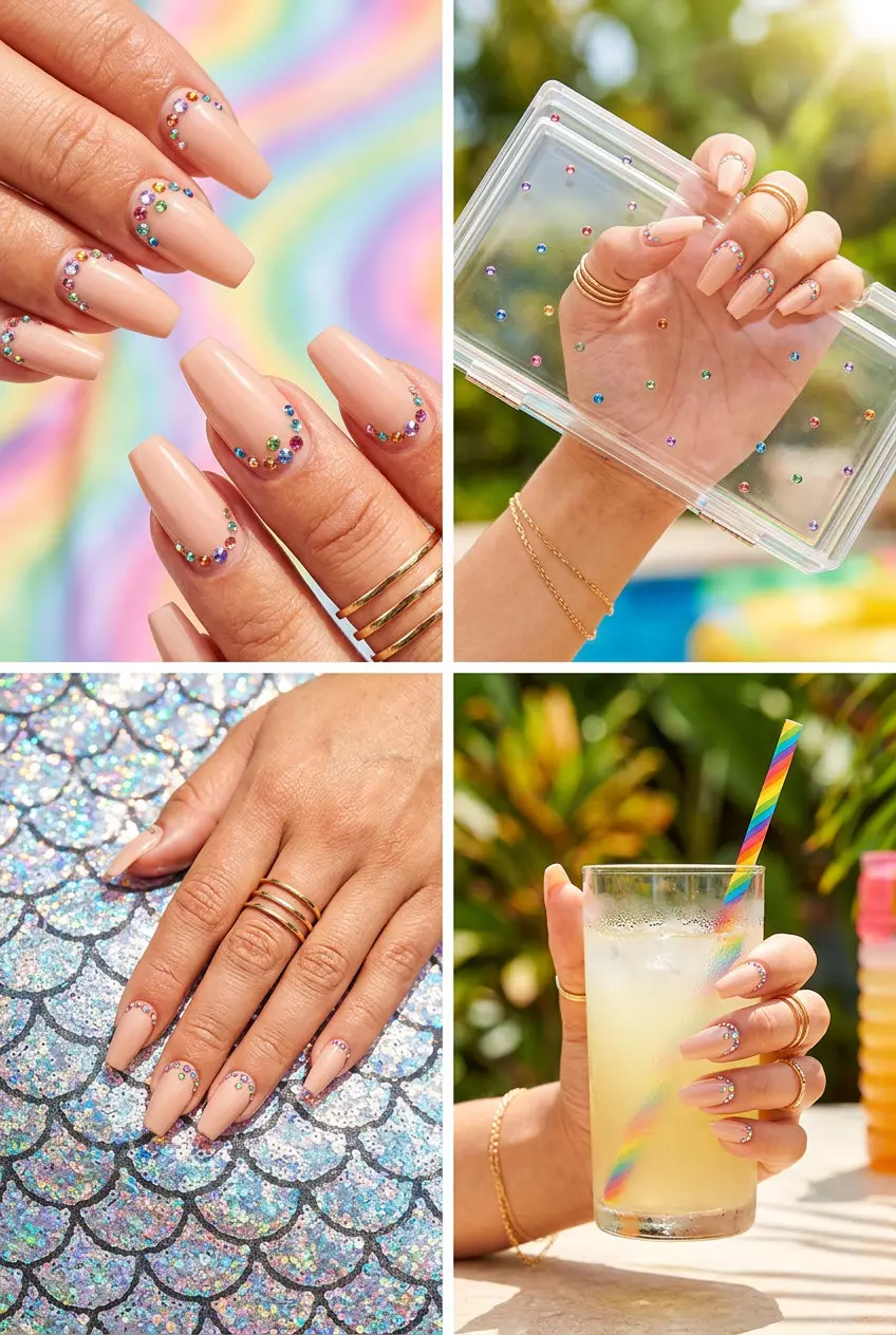 Glam Rainbow Sparkle Accent Nails 2026 | Dazzling Party Style Glam rainbow sparkle accent nails for summer rainbow nails 2026. Glamorous, dazzling style for parties.
