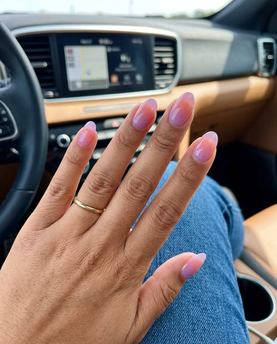 Jelly Ombre Nails 2026: Sweet Date Night Style Juicy fruit jelly ombre nails 2026: Sheer lavender blending into sheer peach for summer dates.