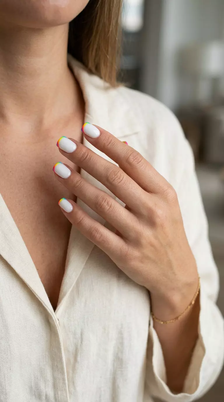 Neon Rainbow French 2026: Playful Summer Style Neon pop rainbow French nails 2026: Opaque white with fine neon rainbow stripe accent.