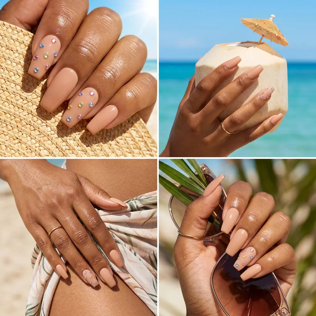 Nude & Rainbow Sparkle Almond Nails 2026 Glamorous nude almond nails with pastel rainbow rhinestones for summer rainbow nails 2026. Perfect for casual events and parties.
