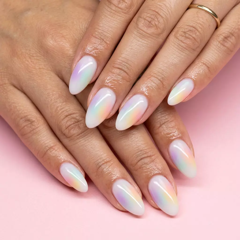 Pastel Aura Nails 2026: Festival Glam Style Ethereal pastel rainbow aura nails 2026: Sheer white with diffused pastel rainbow halo effect.
