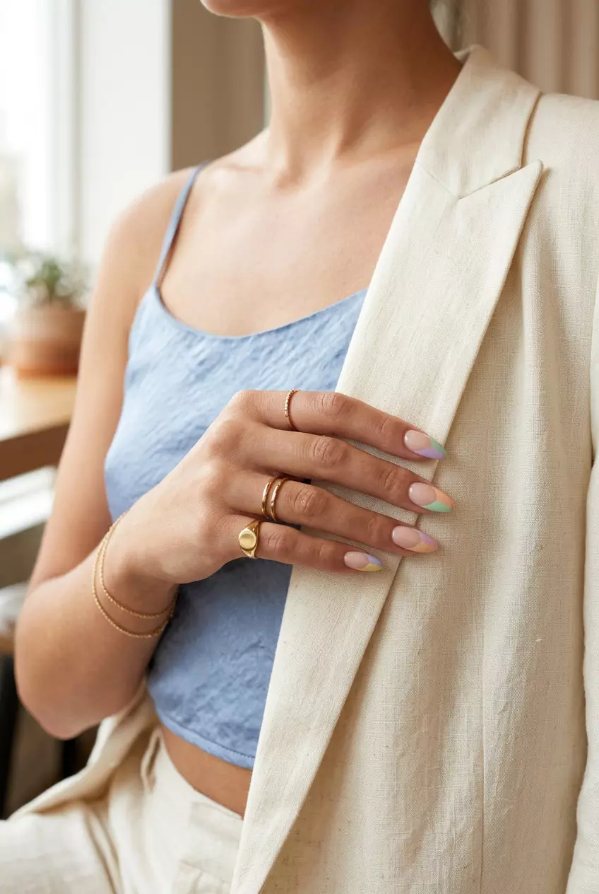 Pastel Color Block Nails 2026: Chic Office Style Abstract pastel rainbow color block nails 2026: Nude base with geometric pastel blocks for work.