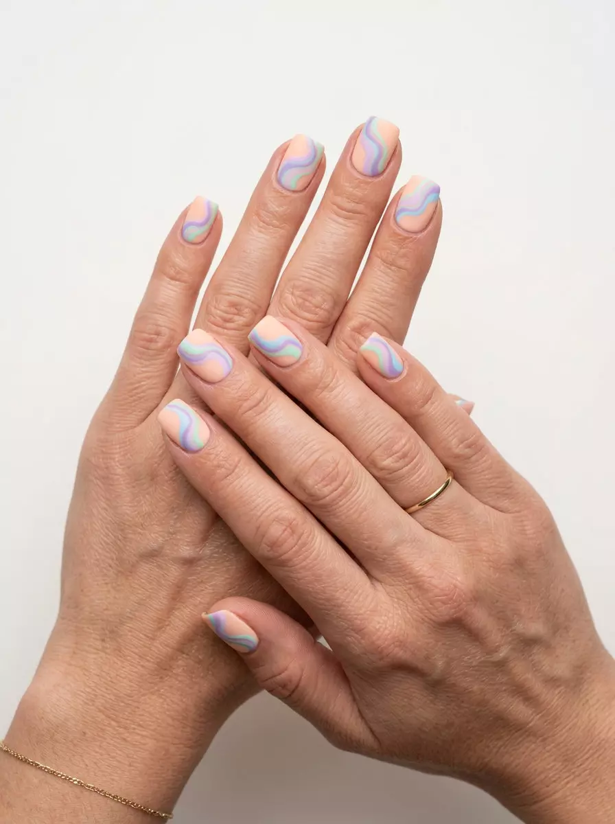 Velvet Marble Nails 2026: Casual Chic Style Velvet pastel rainbow marble nails 2026: Peach base with lavender, mint marble swirls, matte finish.