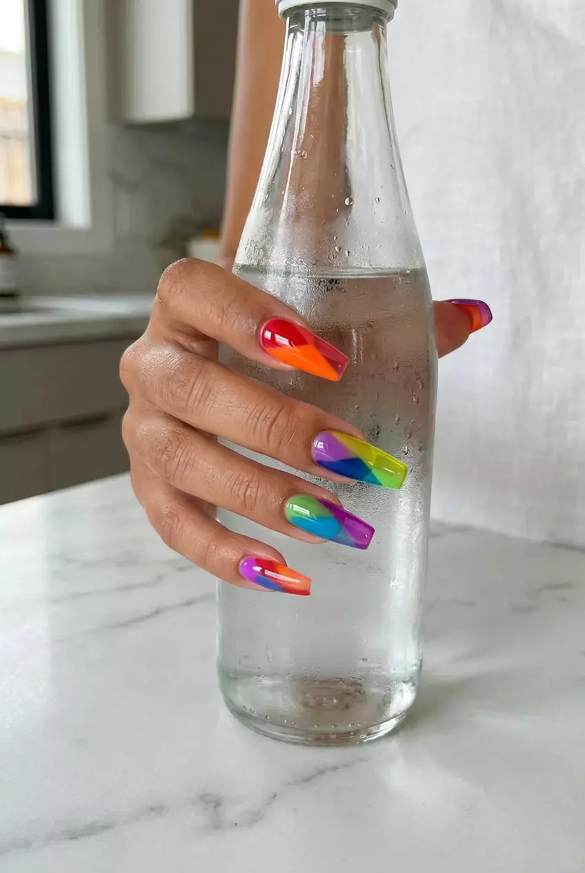Vibrant Jelly Rainbow Color Block Nails 2026 | Bold Festival Style Vibrant jelly color block rainbow nails for summer rainbow nails 2026. Playful, energetic style for festivals.