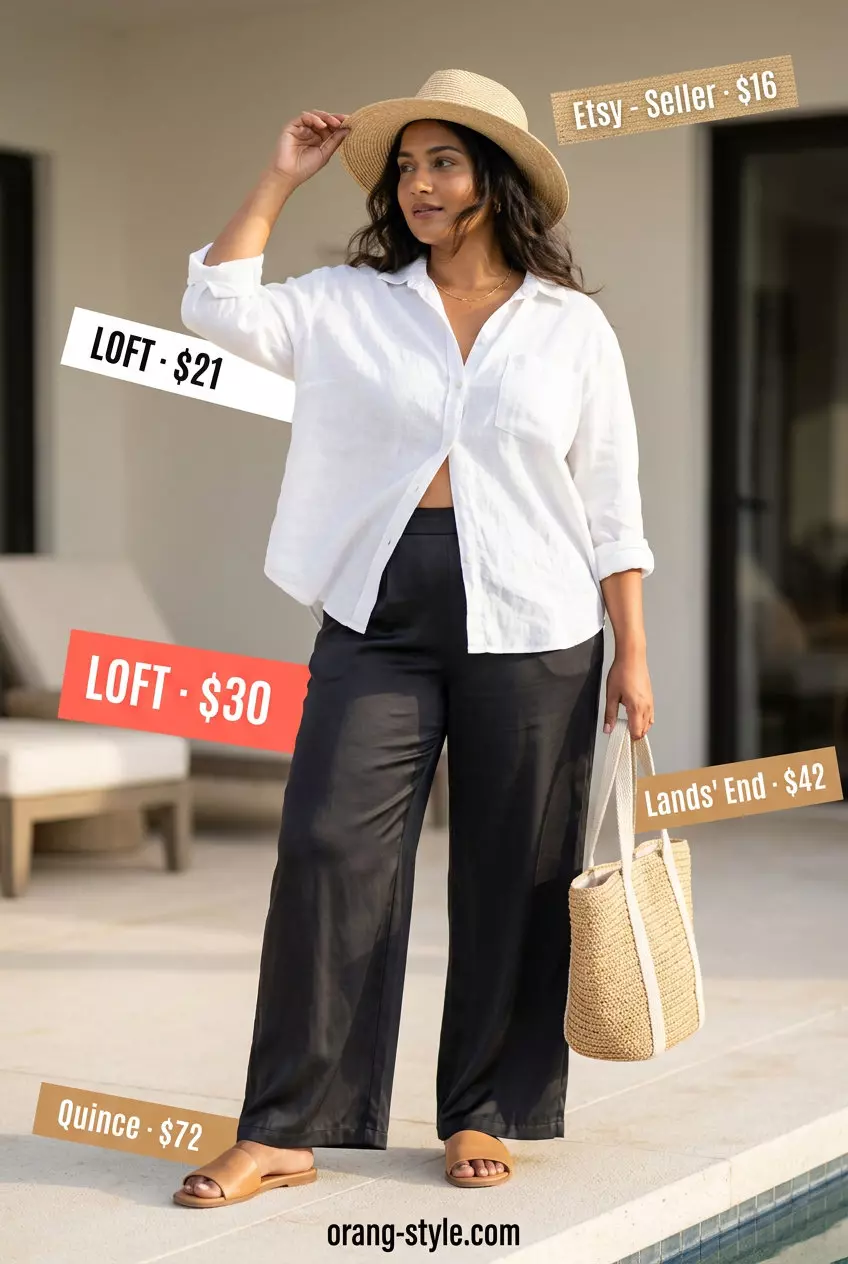 Summer Satin Pants Outfits for Women 2026: Coral satin pants with oversized linen shirt and straw accessories for beach vacation.