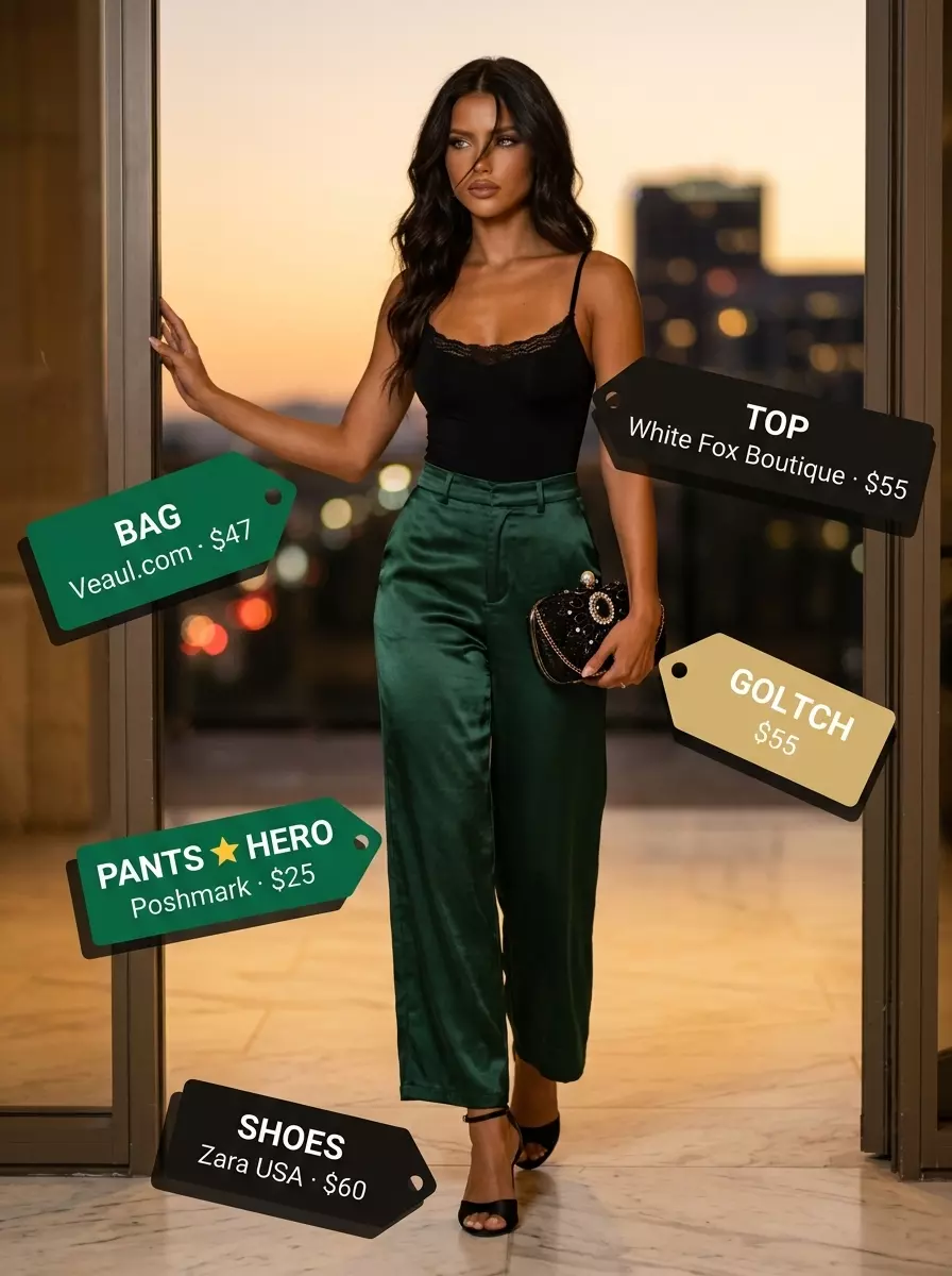 Summer Satin Pants Outfits for Women 2026: Emerald green satin wide-leg pants with black bodysuit and gold earrings.