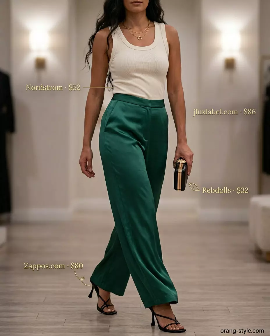 Summer Satin Pants Outfits for Women 2026: Emerald green satin wide-leg pants with cream knit top and gold necklaces.