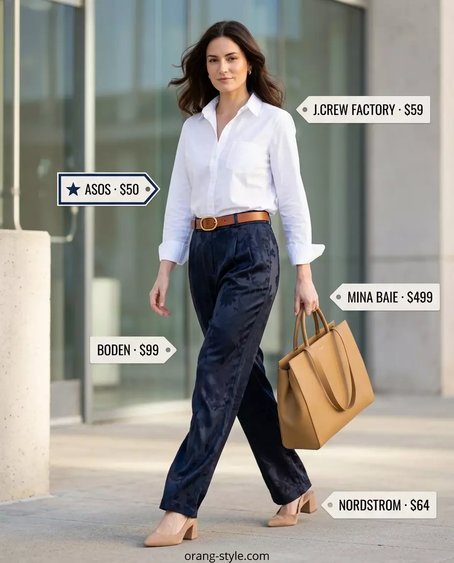 Summer Satin Pants Outfits for Women 2026: Navy satin pants with white shirt, tan pumps, and structured tote for office wear.