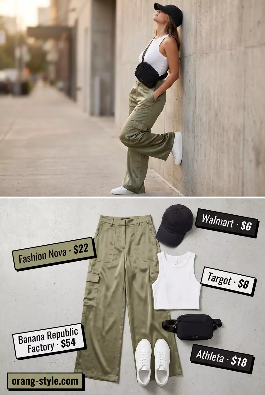 Summer Satin Pants Outfits for Women 2026: Olive green satin cargo pants with white tank and sneakers for casual wear.