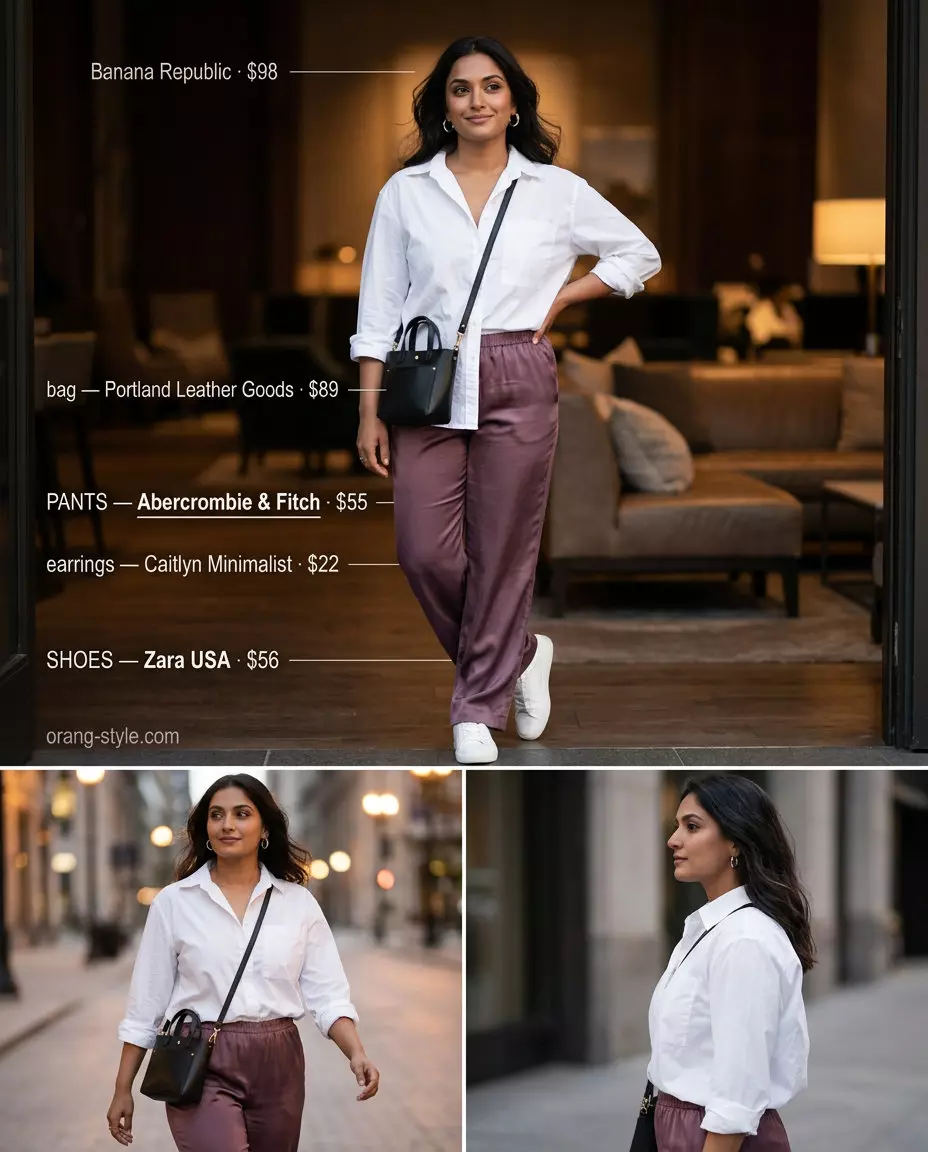 Summer Satin Pants Outfits for Women 2026: Plum satin pants with oversized white shirt and silver earrings for city exploration.