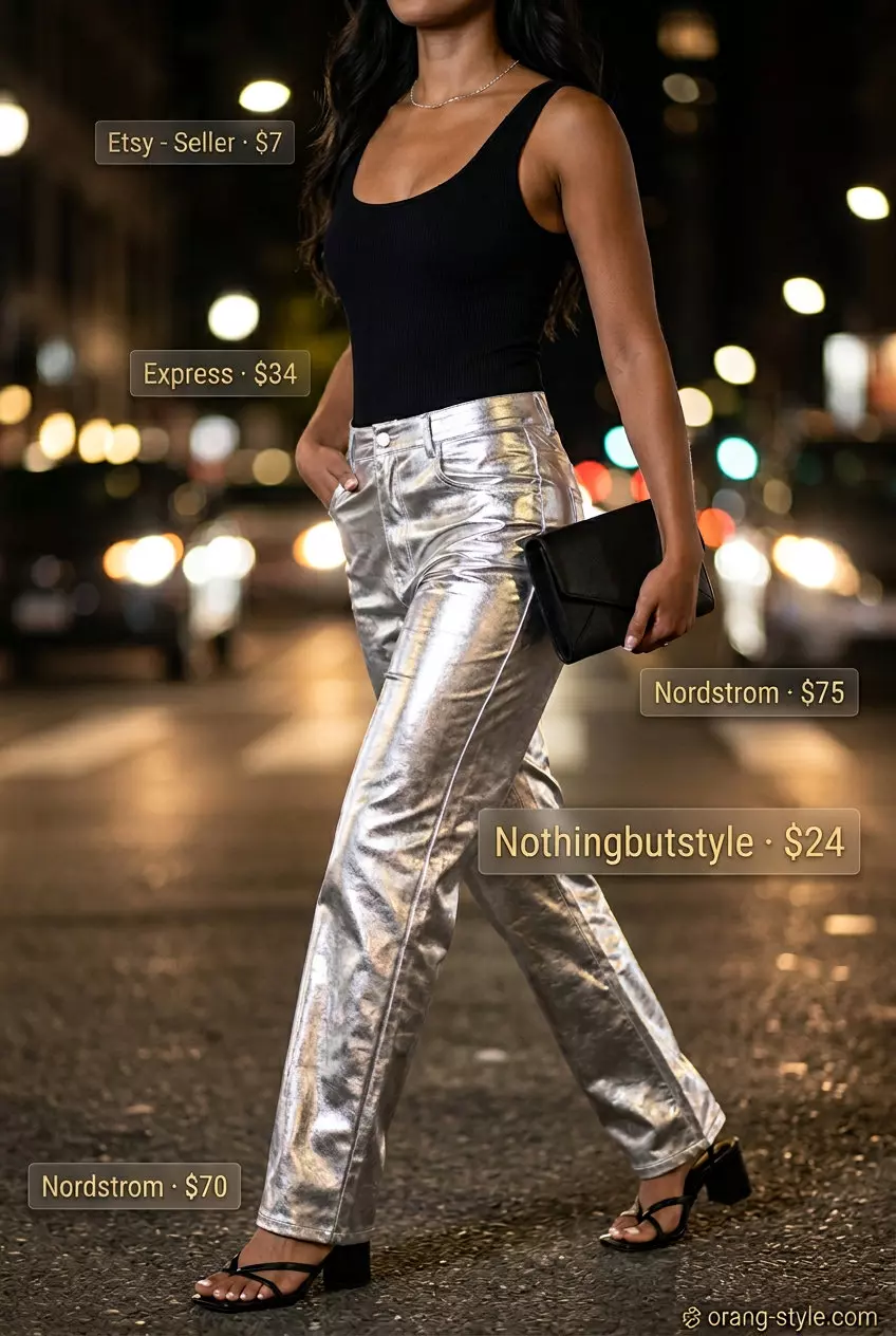 Summer Satin Pants Outfits for Women 2026: Silver metallic satin pants with black bodysuit and strappy heels for date night.