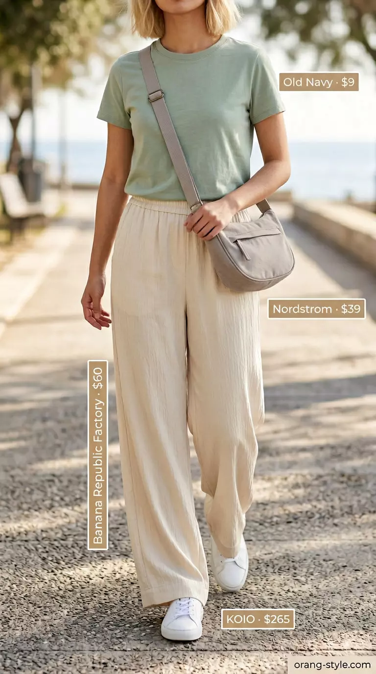 Summer Satin Pants Outfits for Women 2026: Beige satin pants with white tee, baseball cap, and sneakers for casual errands.