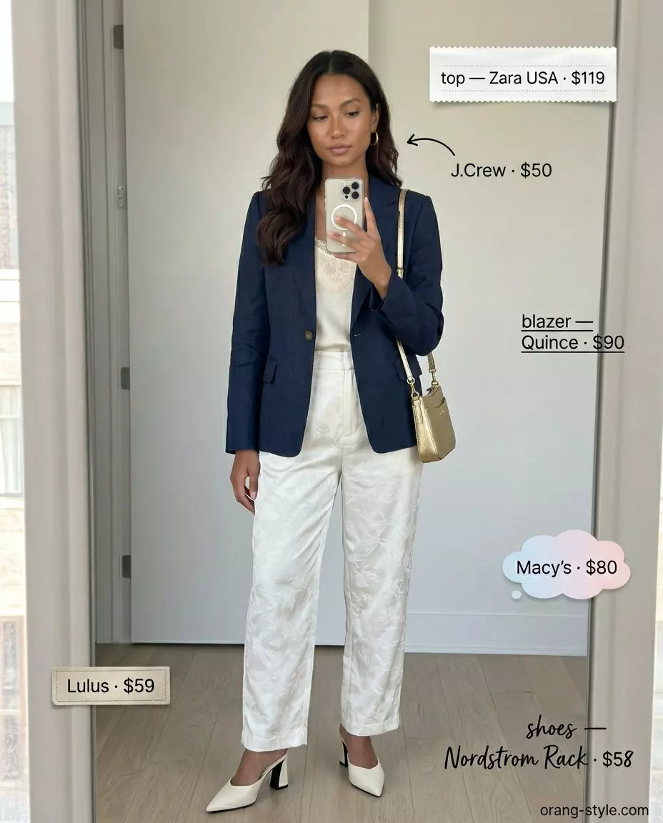 Summer Satin Pants Outfits for Women 2026: Navy blazer, cream satin pants, ivory cami, and nude mules for business casual.