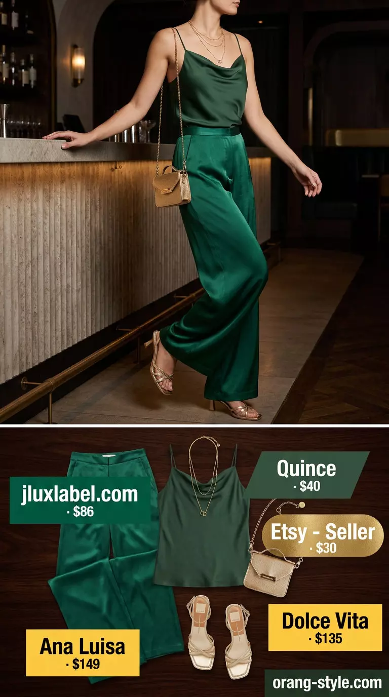 Summer Satin Pants Outfits for Women 2026: Emerald green satin pants, ivory camisole, and gold accessories for an elegant evening.
