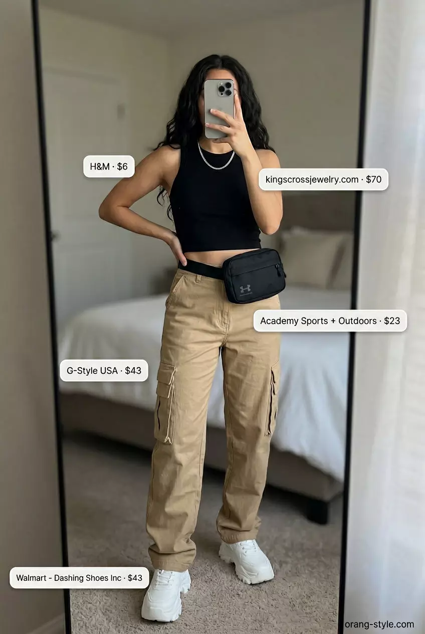 Summer Satin Pants Outfits for Women 2026: Beige cargo pants with black crop top, platform sneakers, and belt bag for street style.