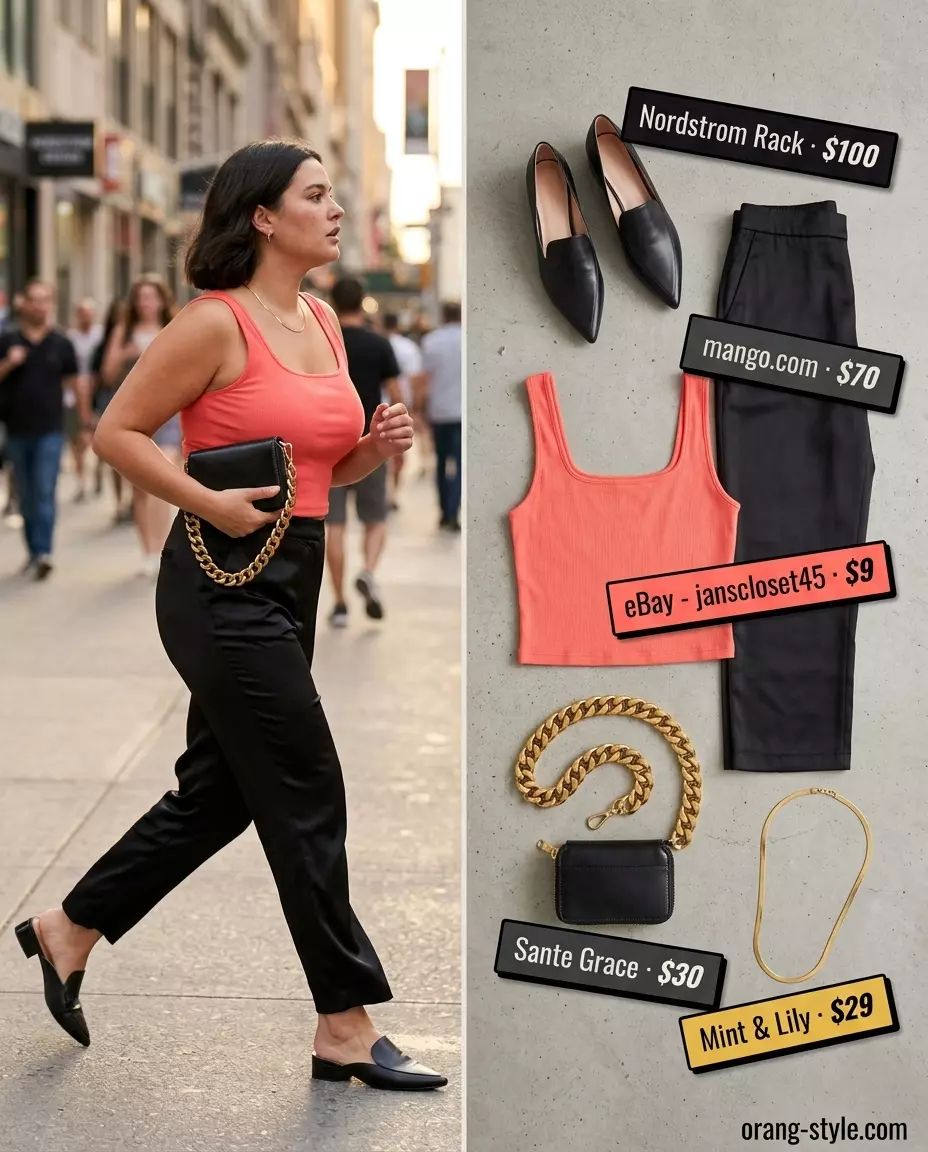 Summer Satin Pants Outfits for Women 2026: Black satin pants with coral crop top, gold necklace, and black mules for city exploration.