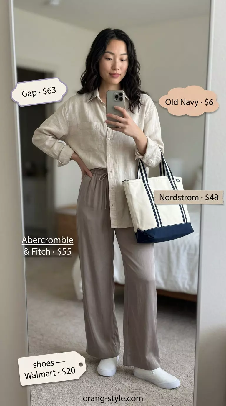 Summer Satin Pants Outfits for Women 2026: Linen shirt over white tank, white sneakers, and canvas tote for casual weekend.