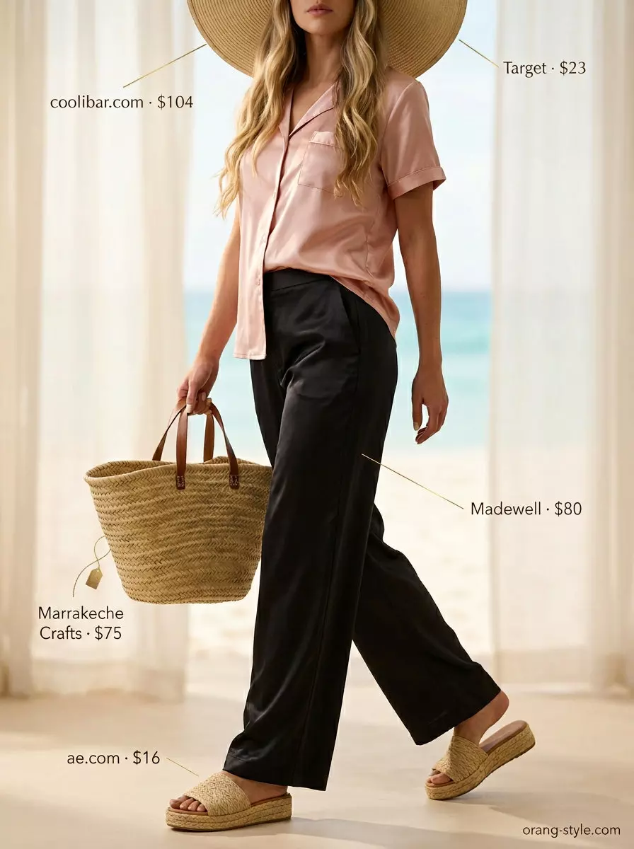 Blush pink satin set for women 2026: oversized shirt, shorts, straw hat, espadrille slides.