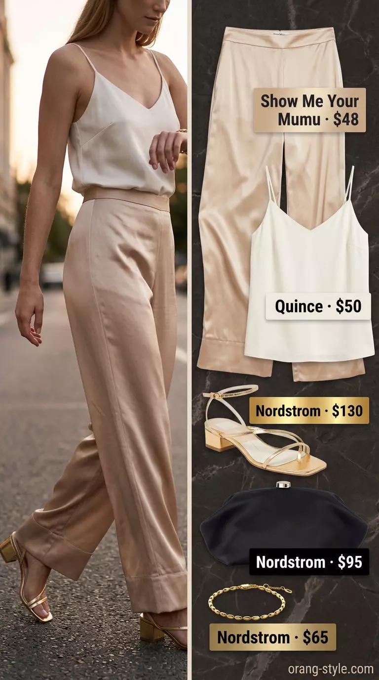 Champagne satin pants outfit for women 2026: wide-leg pants, ivory camisole, gold sandals, gold bracelet.