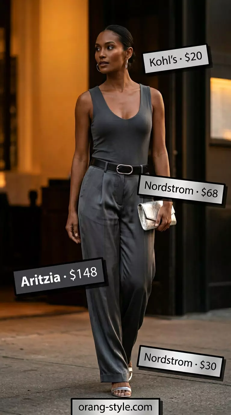 Charcoal grey satin pants outfit for women 2026: wide-leg pants, cowl neck top, silver heels, silver clutch.