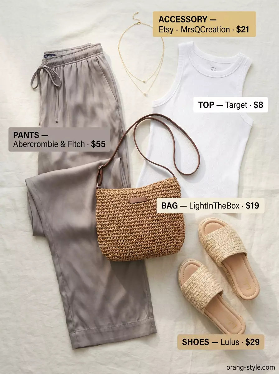 Lavender linen outfit for women 2026: ribbed tank, woven bag, espadrilles, layered necklaces.