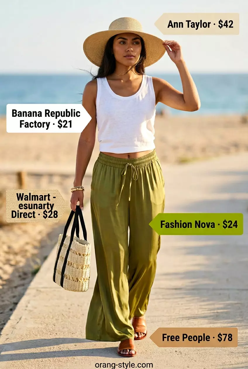 Olive green satin pants outfit for women 2026: flowy pants, white tank, straw hat, leather slides.