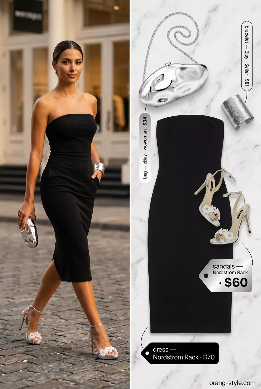 Black strapless midi dress outfit for women 2026, perfect for urban date nights or cocktail parties. Silver accessories.