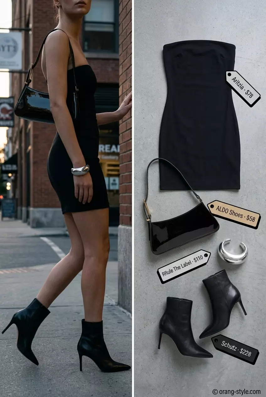 Edgy black strapless mini dress outfit for women 2026, perfect for night outs and cocktail events.