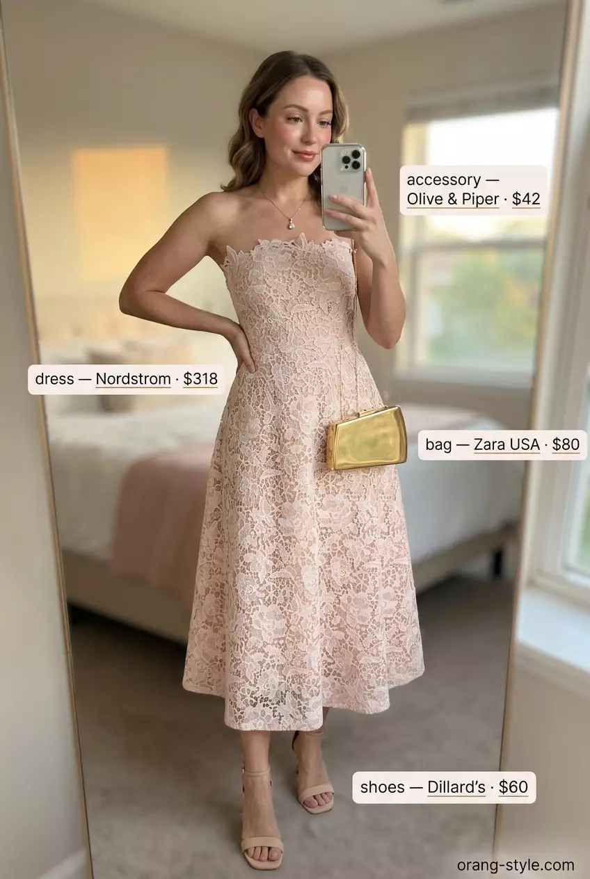 Blush pink lace strapless midi dress outfit for women 2026, romantic for date nights. Nude sandals & gold clutch.