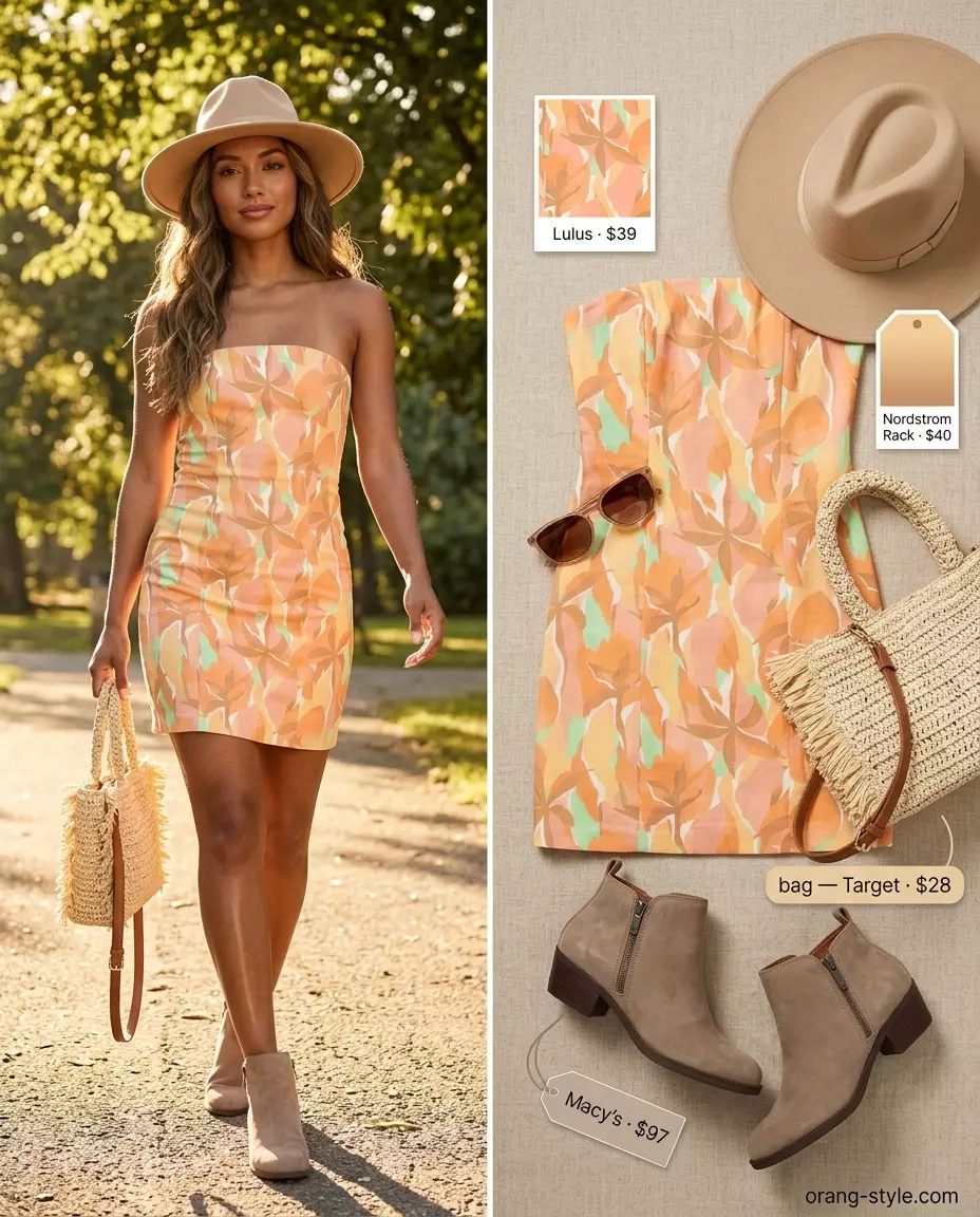 Summer Strapless Dress Outfits for Women 2026: Bohemian floral mini dress, suede ankle boots, fedora hat, fringe crossbody bag for festivals.