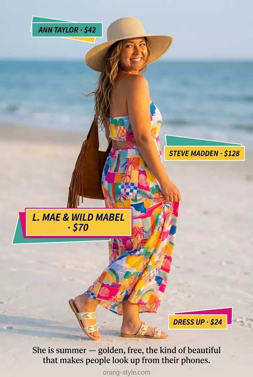 Summer Strapless Dress Outfits for Women 2026: Boho abstract print maxi dress, straw hat, fringe bag, embellished slides for beach days.