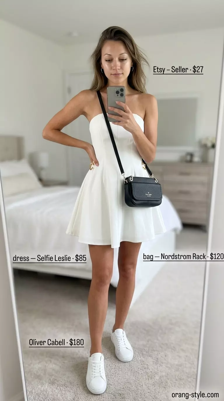 Summer Strapless Dress Outfits for Women 2026: Crisp white strapless shirt dress, black crossbody bag, silver hoops, white sneakers for city chic.