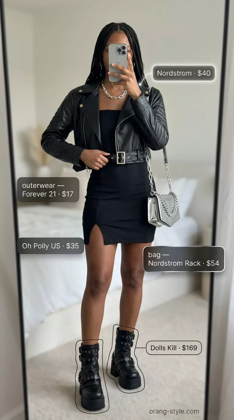 Summer Strapless Dress Outfits for Women 2026: Edgy black strapless bodycon dress, faux leather moto jacket, combat boots for city nights.