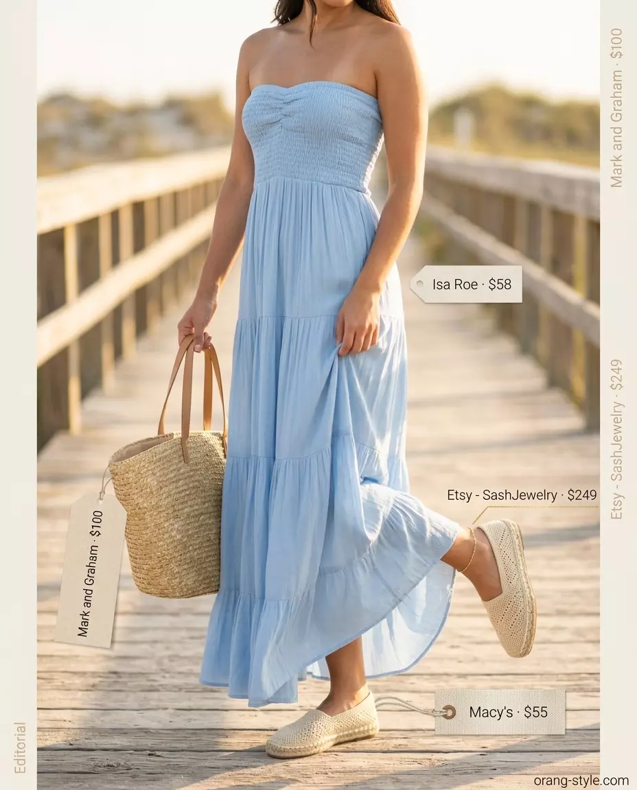 Summer Strapless Dress Outfits for Women 2026: Sky blue tiered maxi dress, straw tote, espadrille flats, gold anklet for coastal vibes.