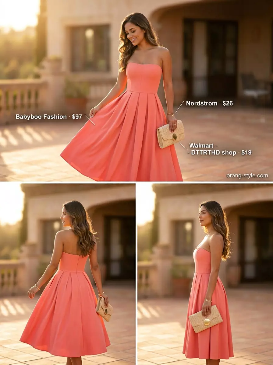 Coral strapless flowy midi dress outfit for women 2026, dreamy for sunset dinners. Cream sandals & straw clutch.