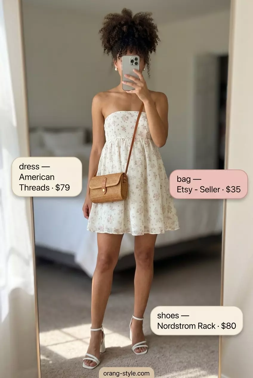 Summer Strapless Dress Outfits for Women 2026: Pastel floral babydoll mini dress, pearl earrings, woven bag, block heels for garden party.