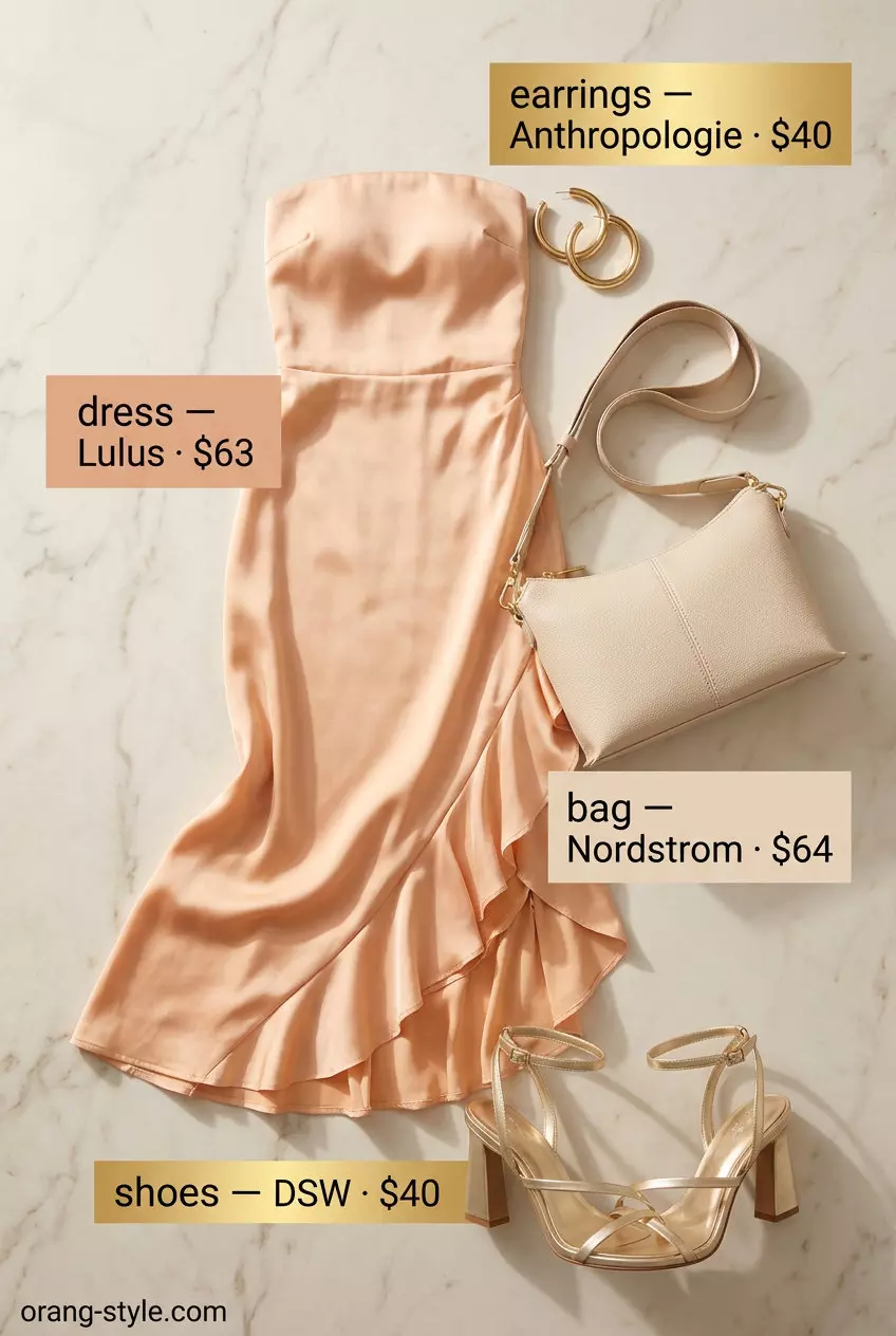 Mustard yellow strapless midi dress outfit for women 2026, ideal for summer evenings. Gold earrings & block heels.