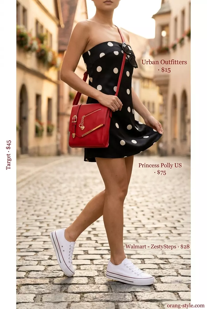 Summer Strapless Dress Outfits for Women 2026: Black polka dot strapless dress, red bag, white sneakers, cat-eye sunglasses for retro fun.