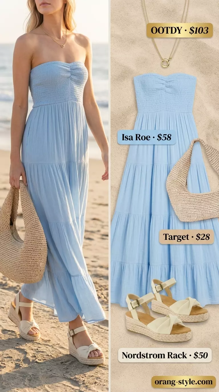 Relaxed sky blue strapless maxi dress outfit for women 2026, perfect for beach vacations and resort wear.