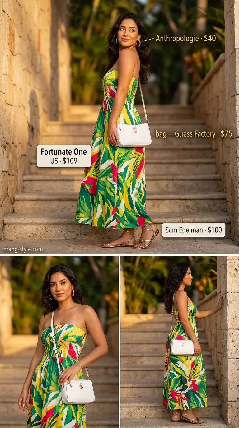 Tropical print strapless maxi dress outfit for women 2026, perfect for vacation or summer parties. Gold sandals & hoops.